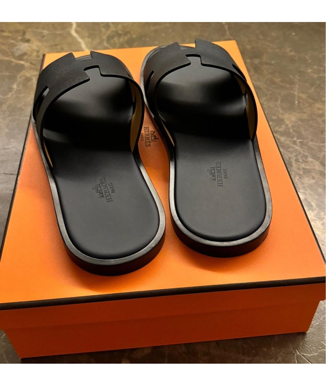 HERMES Темно-синие кожаные шлепанцы, фото 7