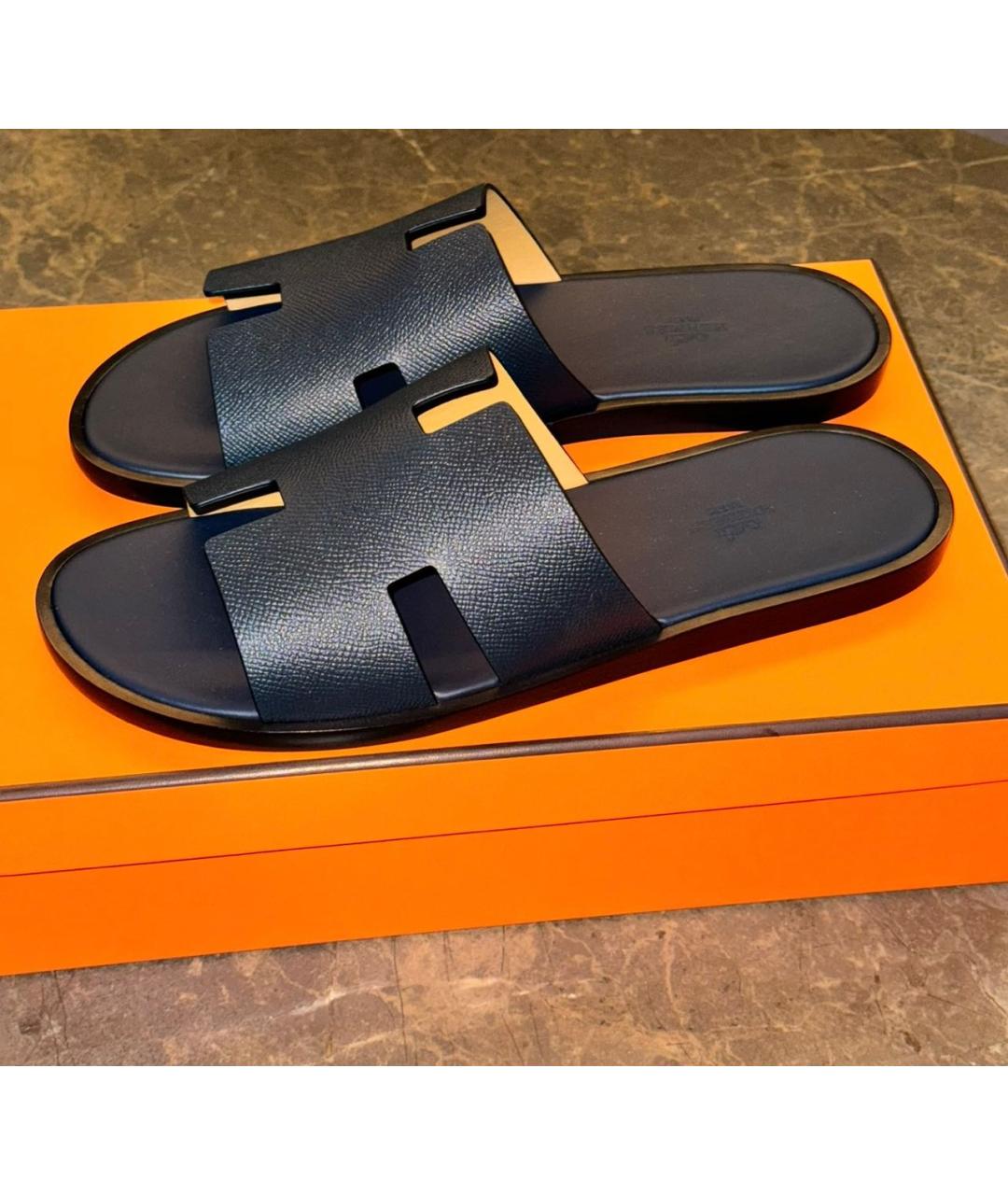 HERMES Темно-синие кожаные шлепанцы, фото 2