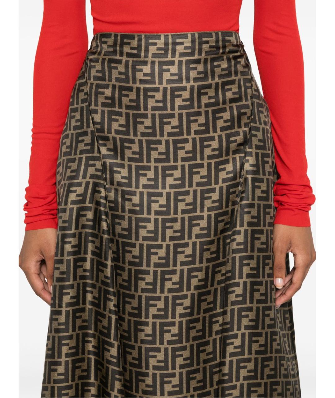 FENDI Коричневая шелковая юбка миди, фото 2