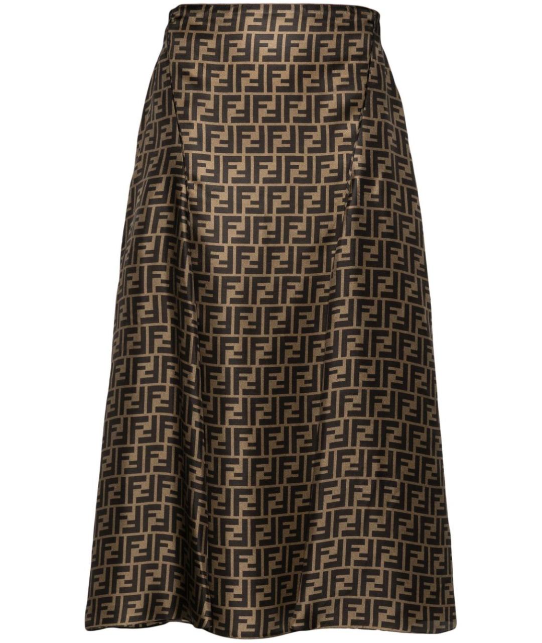 FENDI Коричневая шелковая юбка миди, фото 1