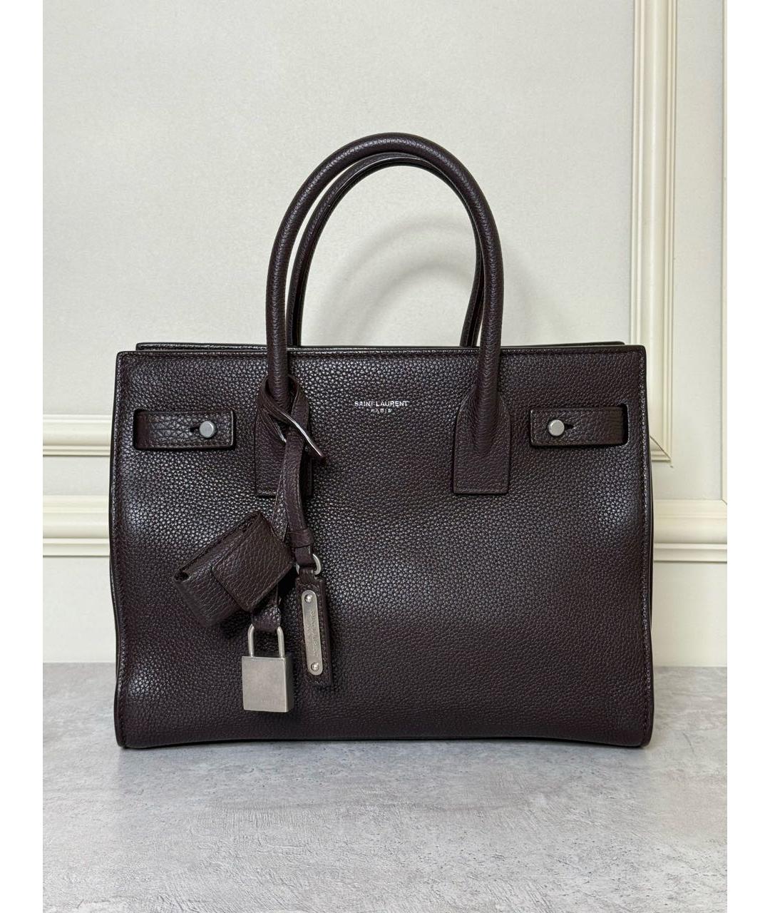 SAINT LAURENT Коричневая кожаная сумка с короткими ручками, фото 2