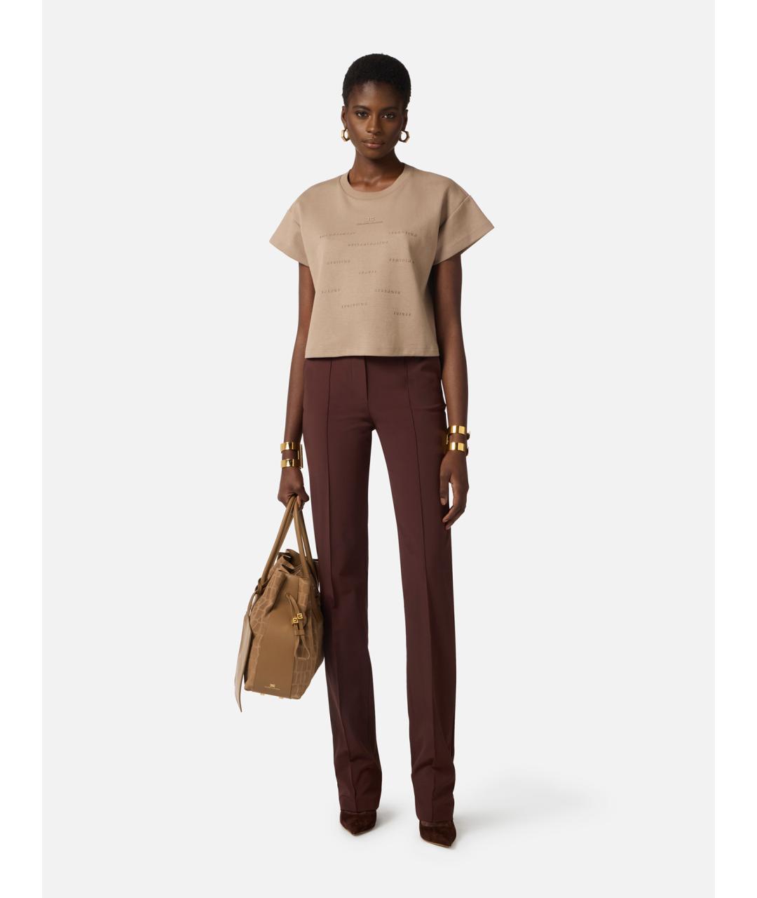 ELISABETTA FRANCHI Коричневые полиамидовые прямые брюки, фото 2