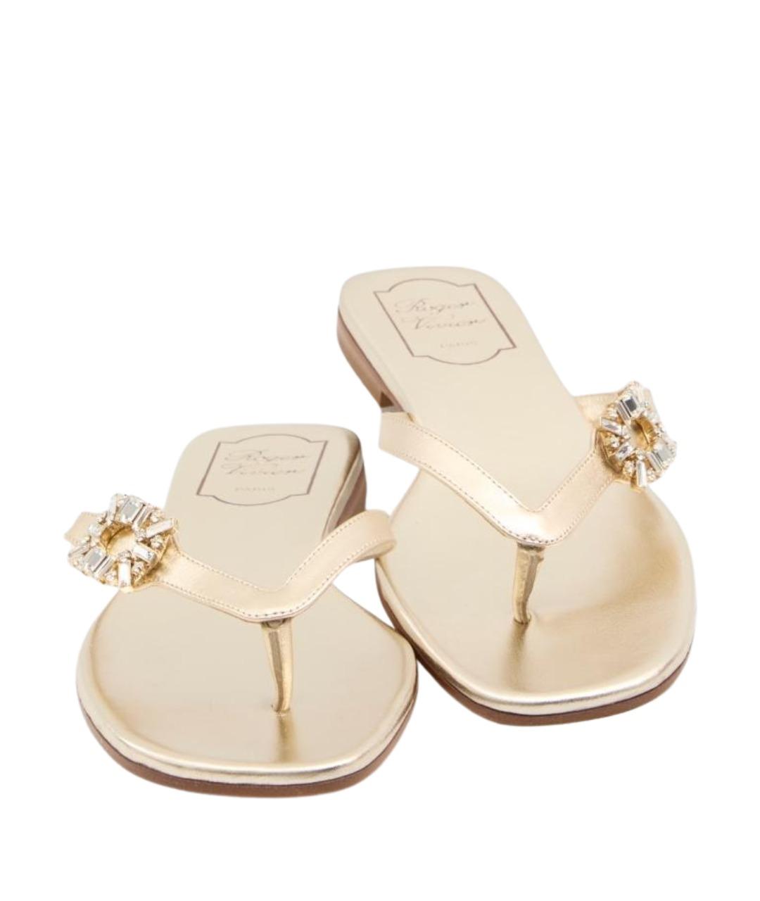 ROGER VIVIER Золотые кожаные шлепанцы, фото 5