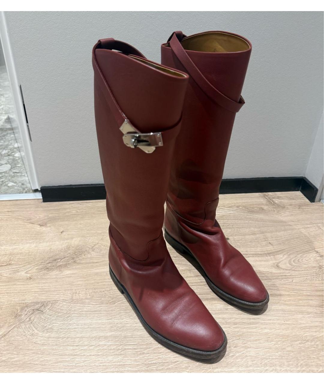 HERMES Бордовые кожаные сапоги, фото 5