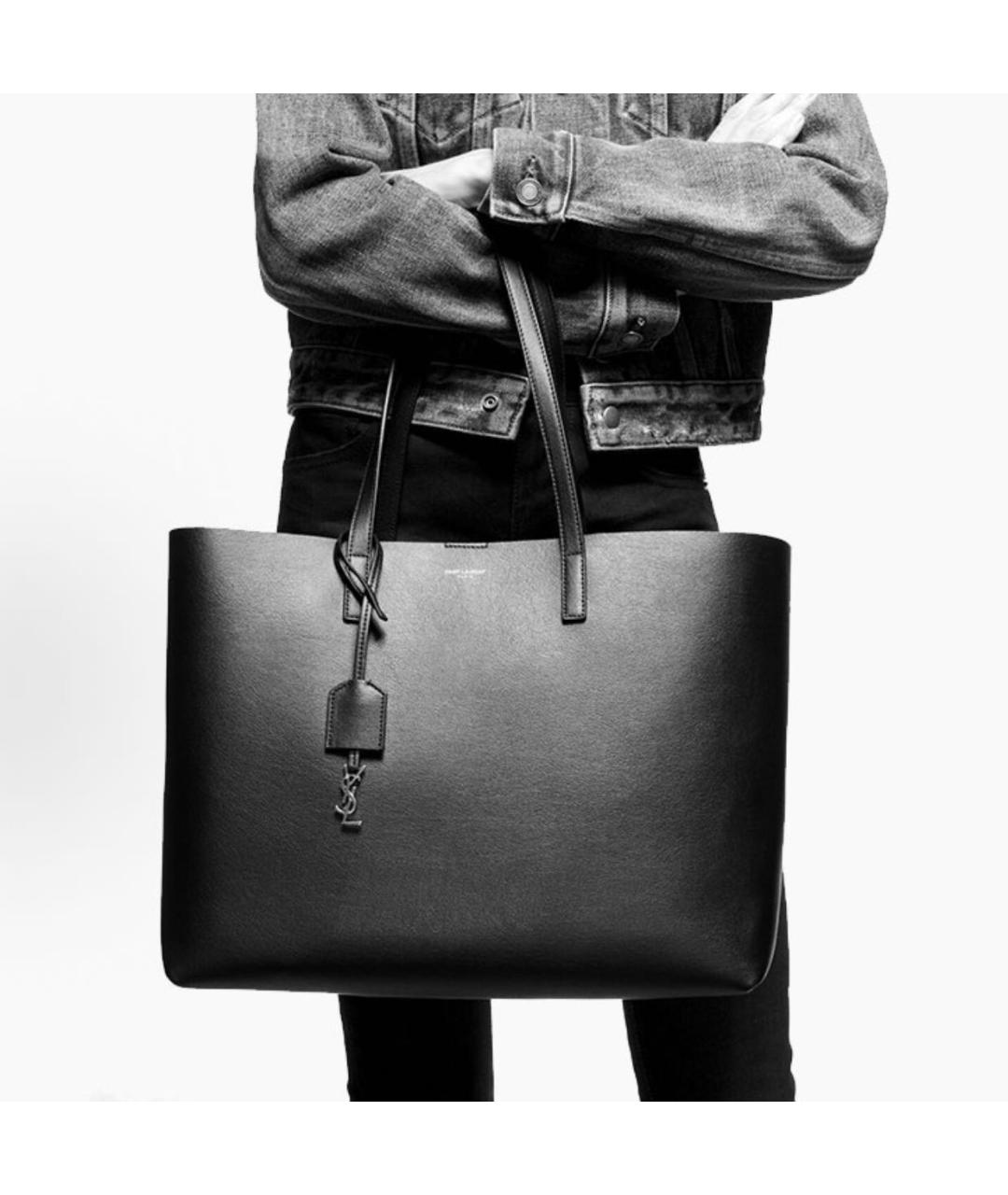 SAINT LAURENT Черная кожаная сумка тоут, фото 4