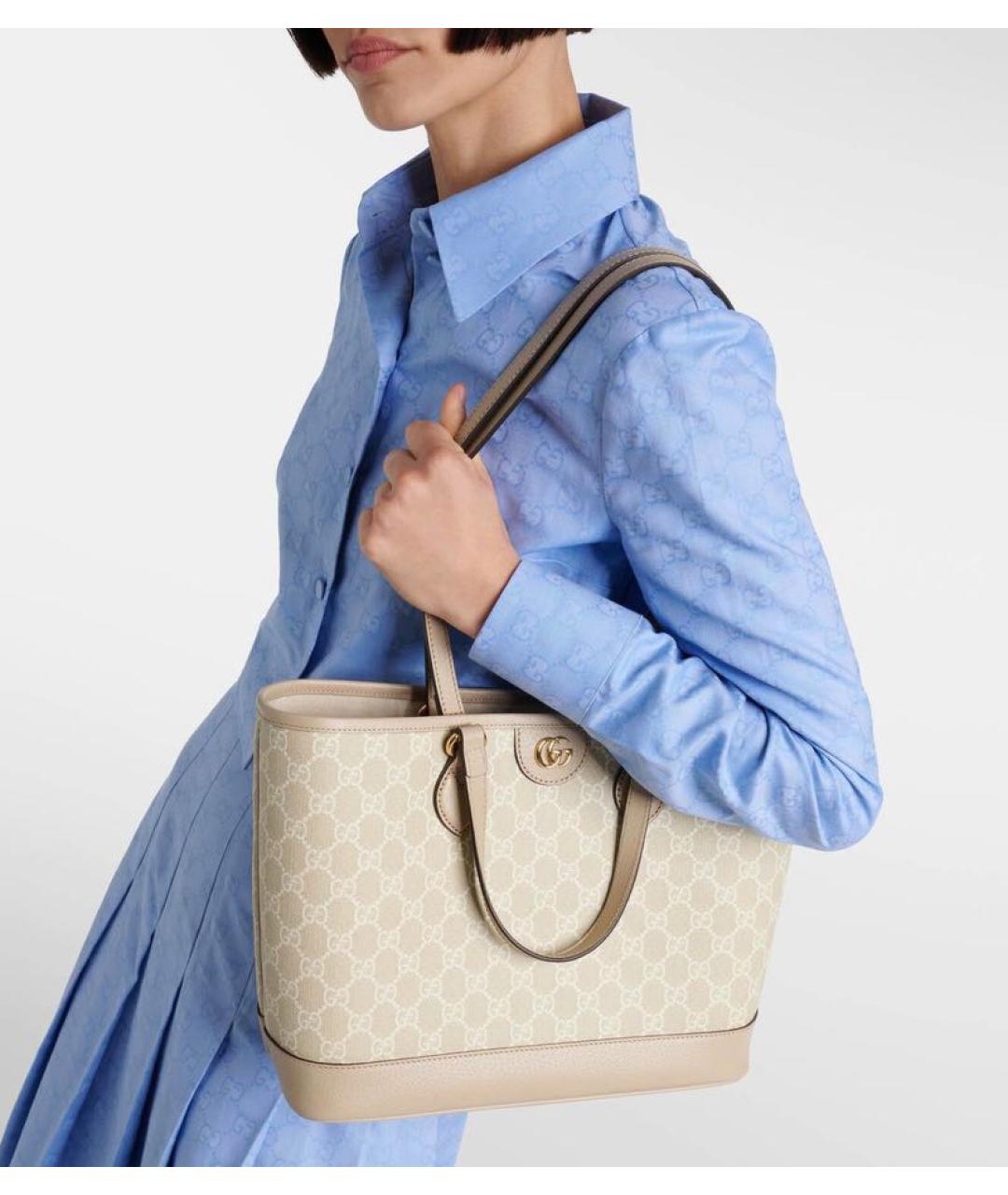 GUCCI Бежевая кожаная сумка тоут, фото 6