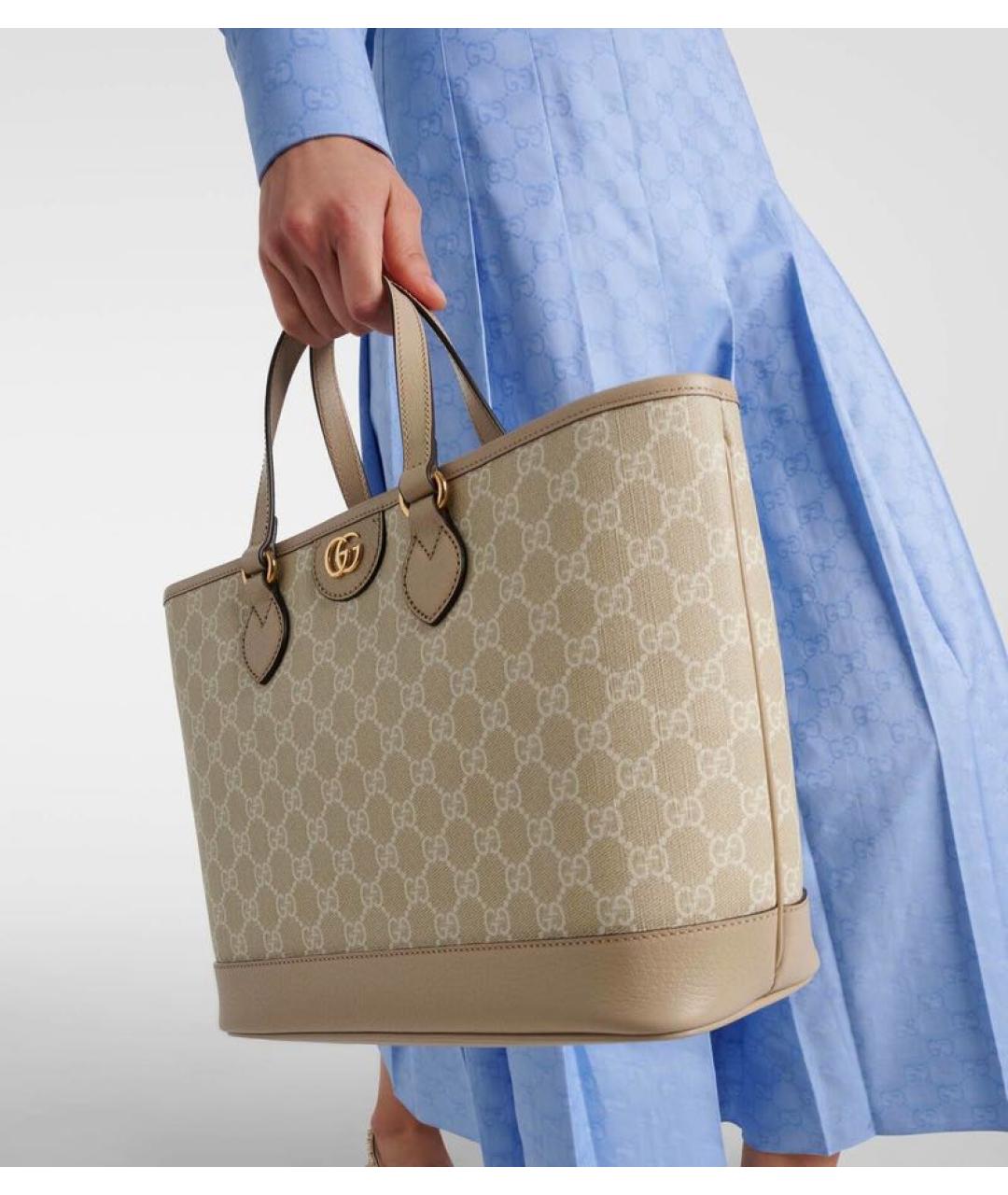 GUCCI Бежевая кожаная сумка тоут, фото 7