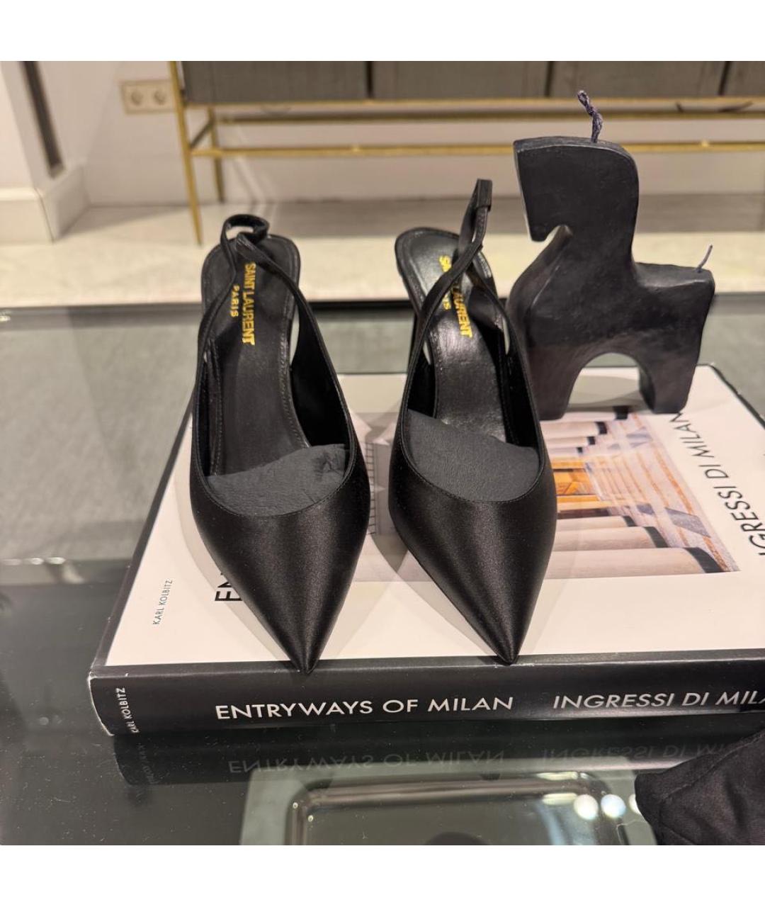 SAINT LAURENT Черные текстильные лодочки на низком каблуке, фото 2