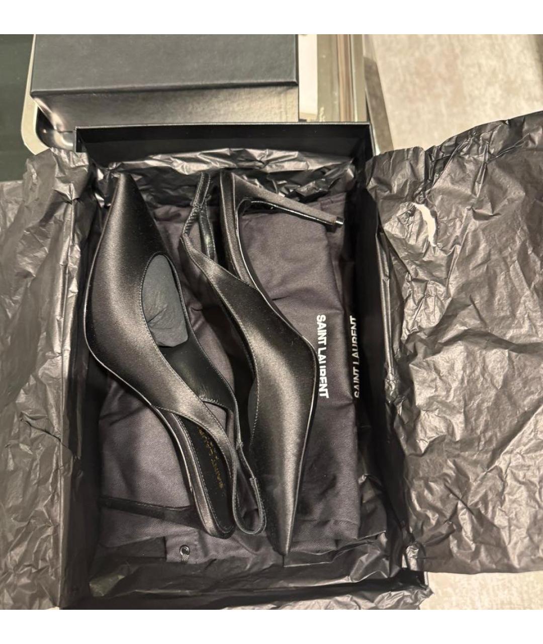 SAINT LAURENT Черные текстильные лодочки на низком каблуке, фото 4