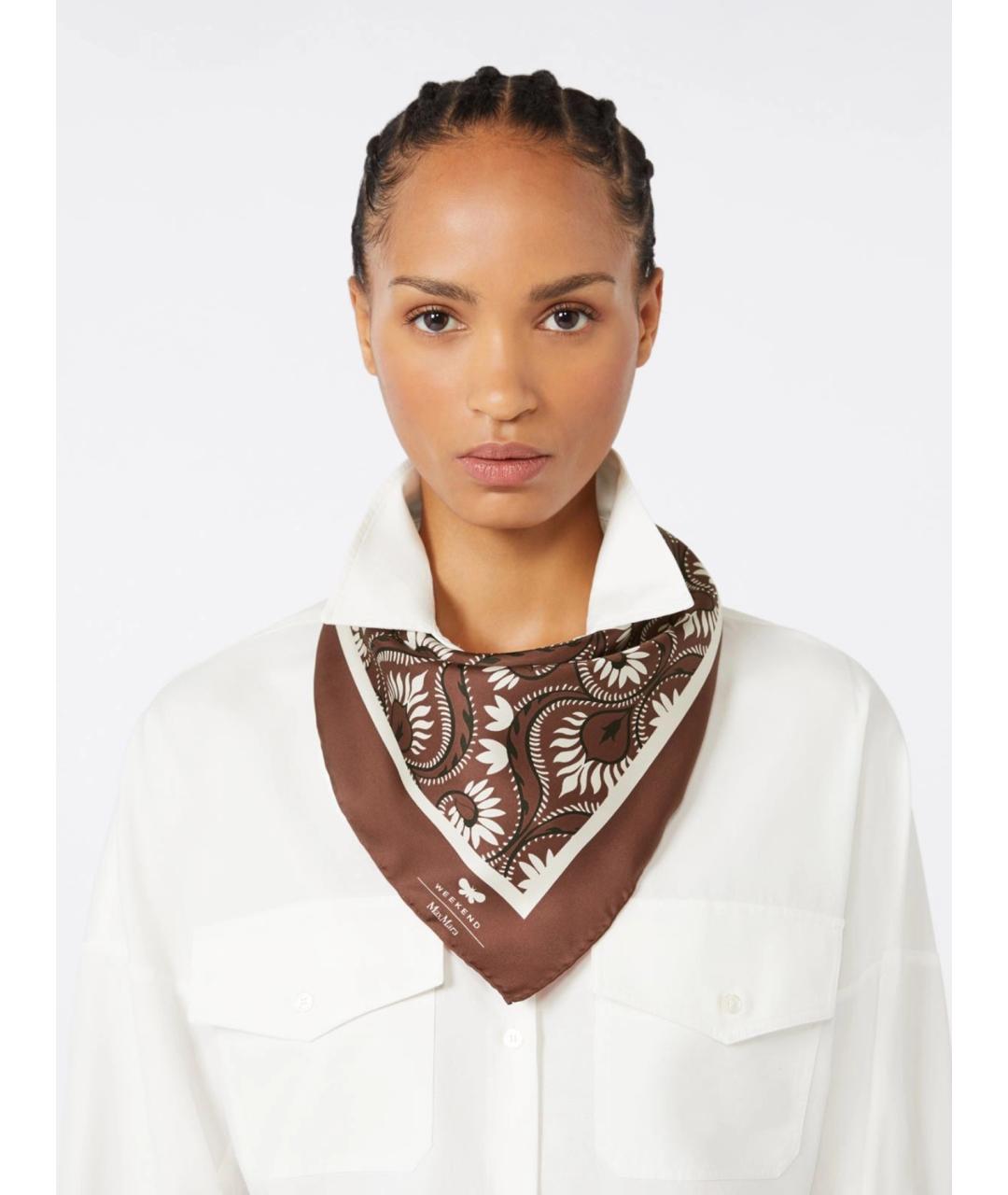 WEEKEND MAX MARA Коричневый шелковый платок, фото 2