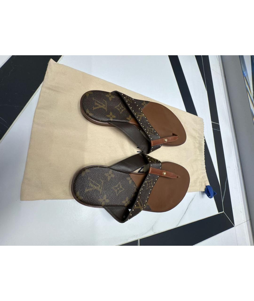 LOUIS VUITTON Коричневые кожаные шлепанцы, фото 4