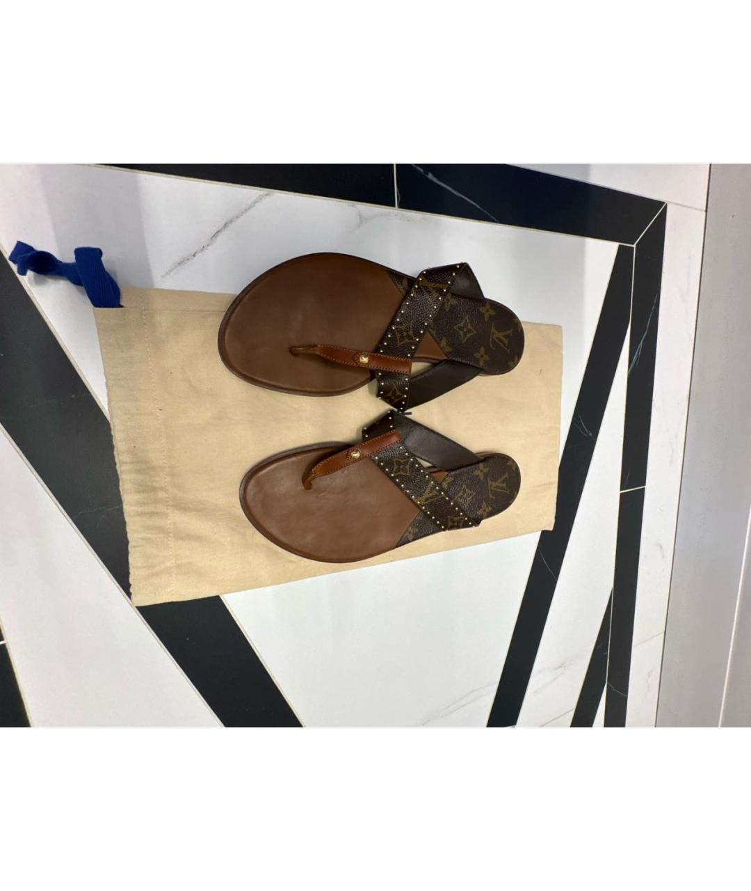 LOUIS VUITTON Коричневые кожаные шлепанцы, фото 3
