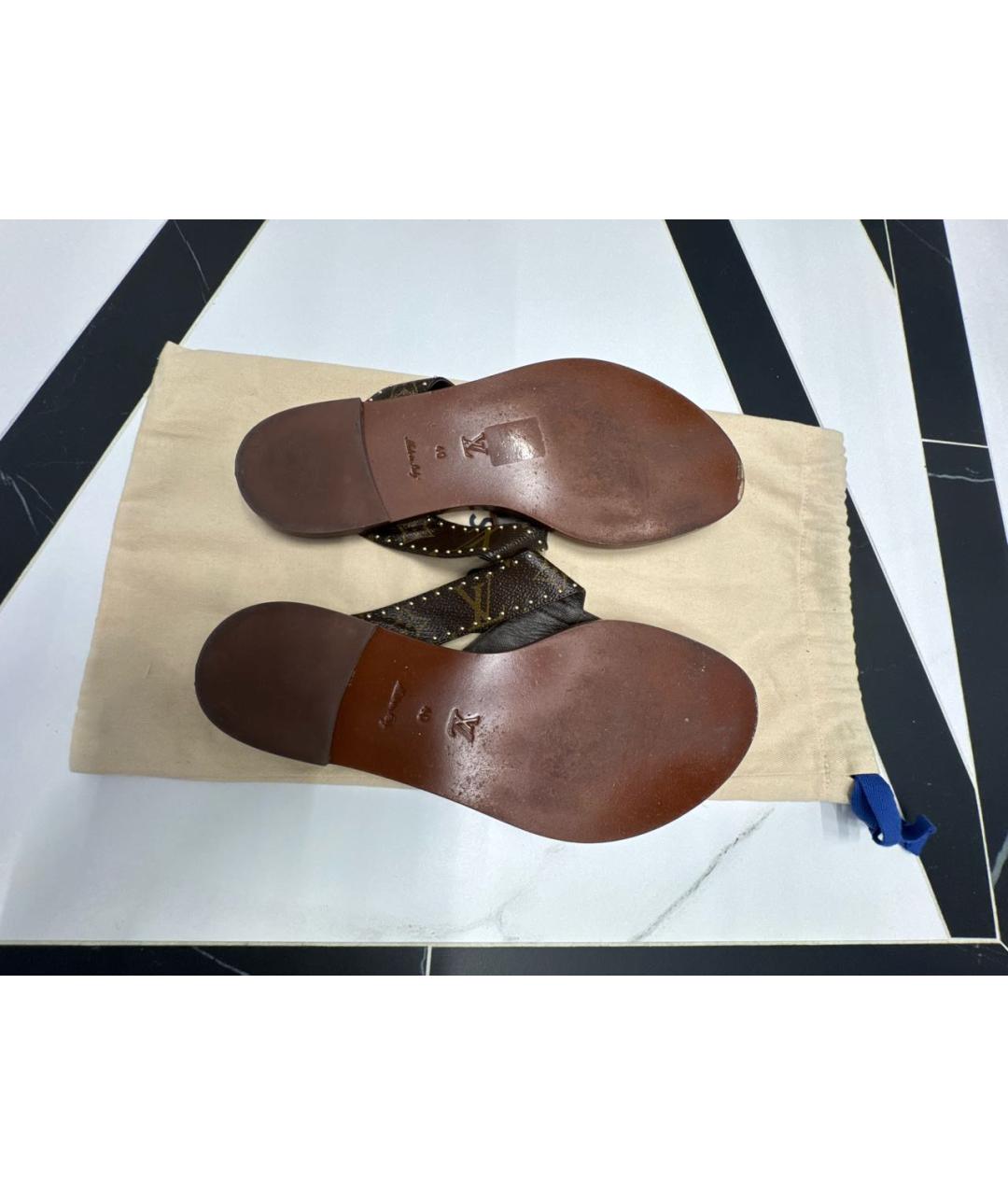 LOUIS VUITTON Коричневые кожаные шлепанцы, фото 7
