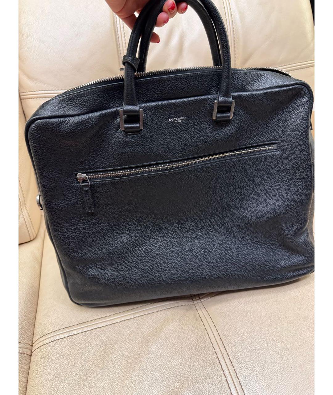 SAINT LAURENT Темно-синий кожаный портфель, фото 2