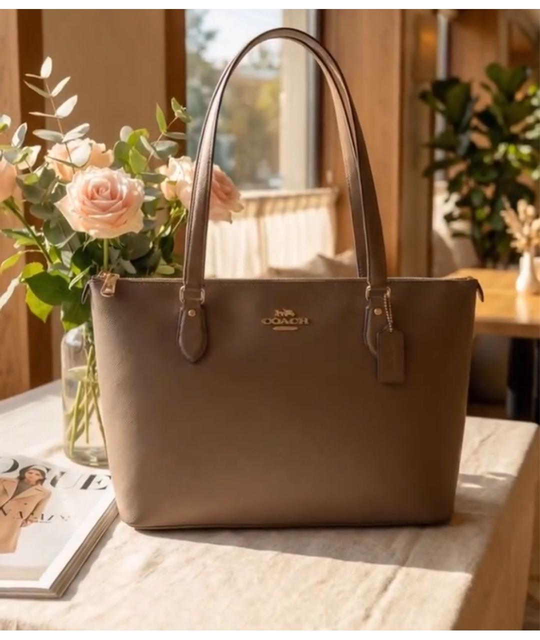 COACH Бежевая кожаная сумка тоут, фото 6