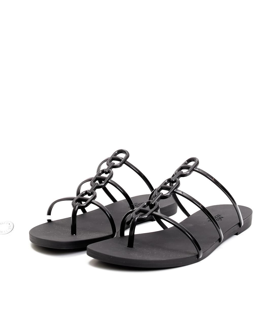 HERMES Черные резиновые шлепанцы, фото 2