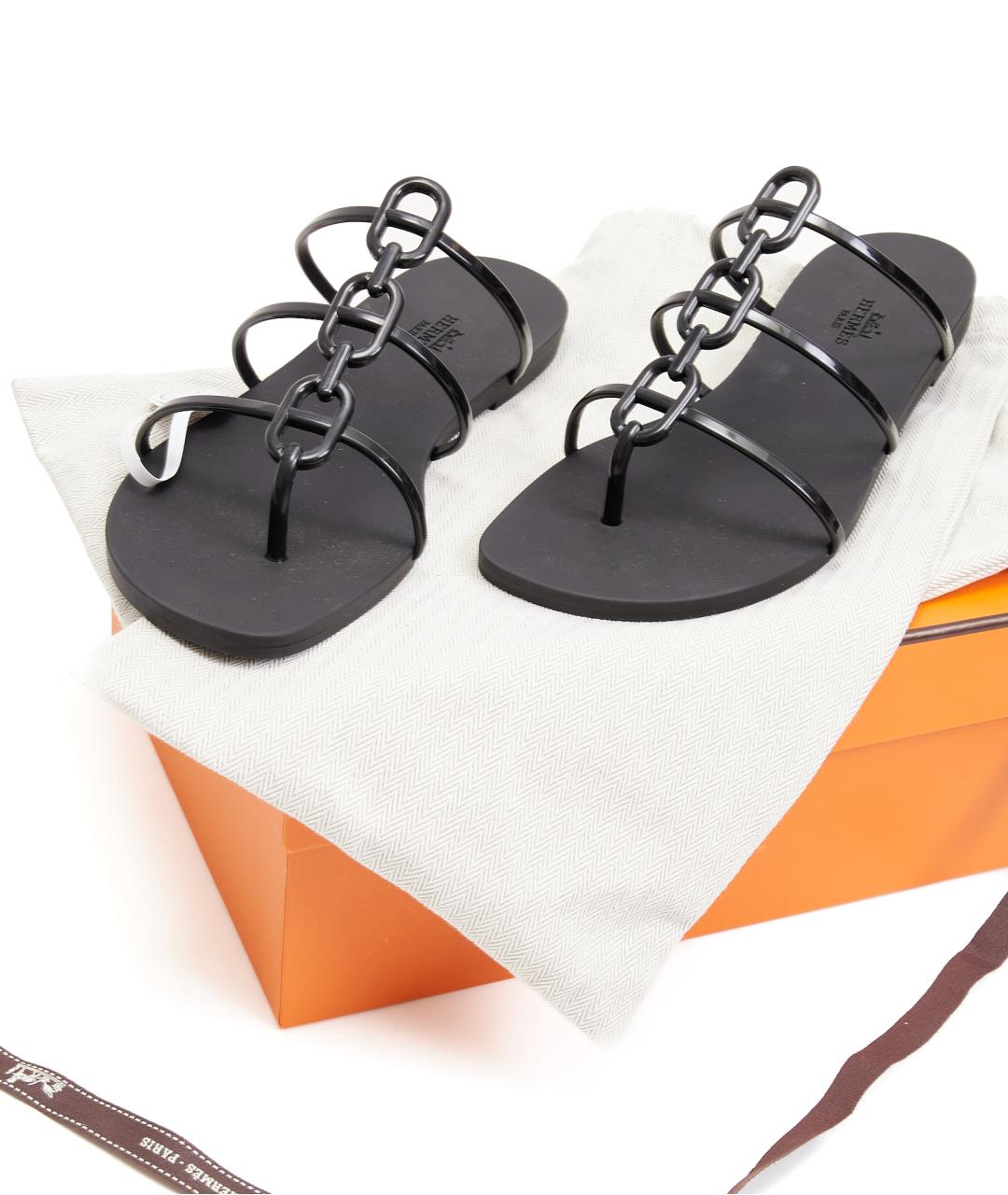 HERMES Черные резиновые шлепанцы, фото 7