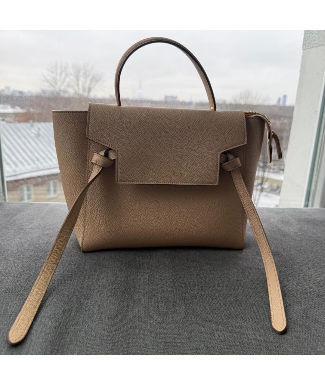 CELINE Бежевая кожаная сумка с короткими ручками, фото 8