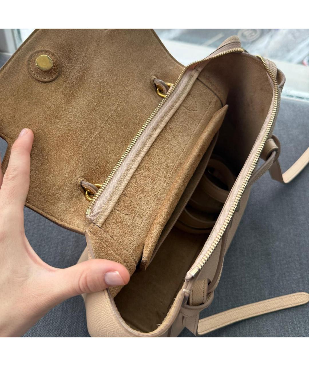 CELINE Бежевая кожаная сумка с короткими ручками, фото 4