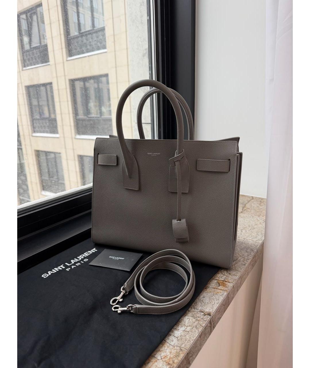 SAINT LAURENT Серая кожаная сумка с короткими ручками, фото 5