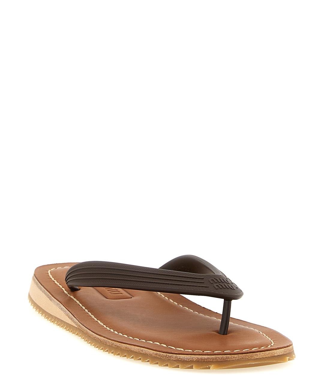 MIU MIU Коричневые кожаные шлепанцы, фото 2