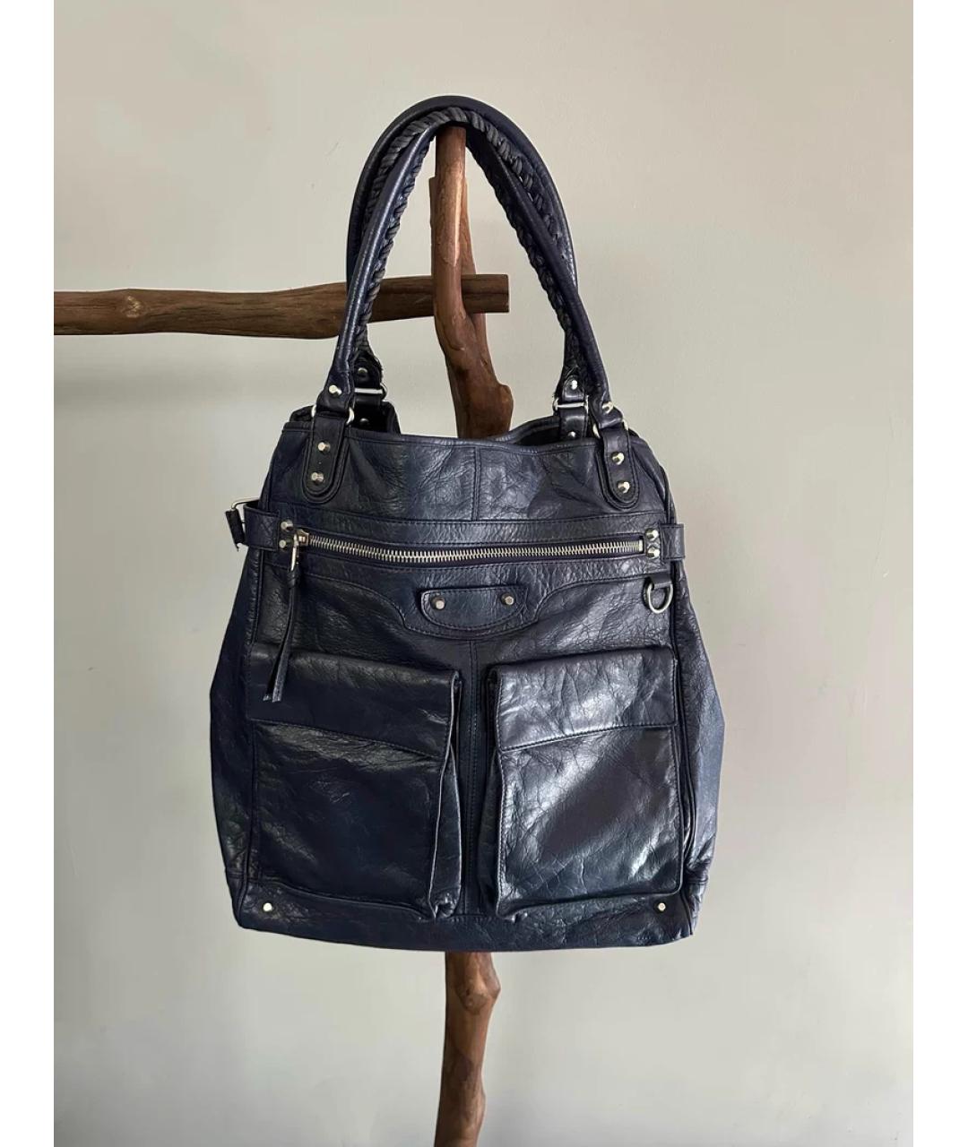 BALENCIAGA Темно-синяя кожаная сумка тоут, фото 10