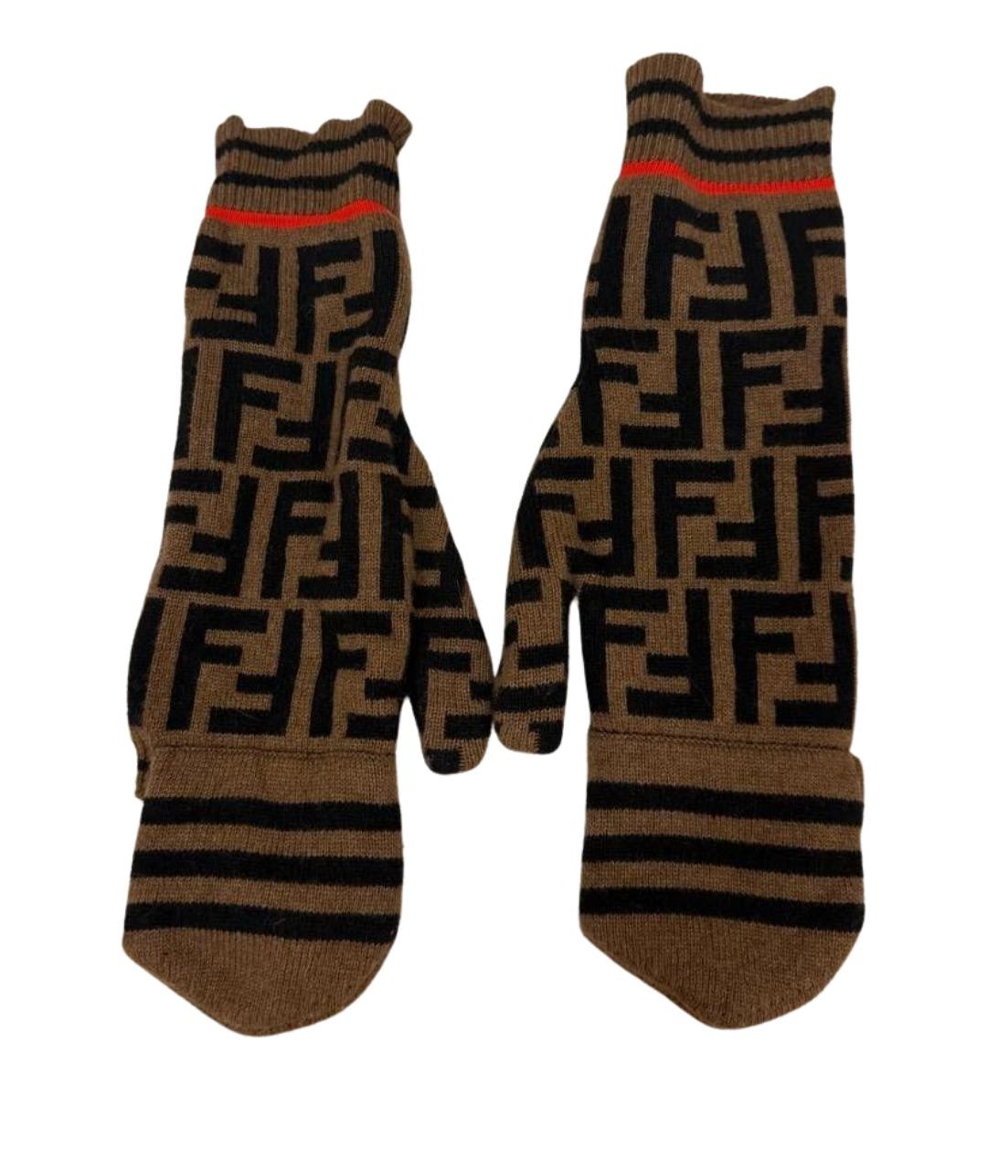 FENDI Коричневые шерстяные варежки, фото 1