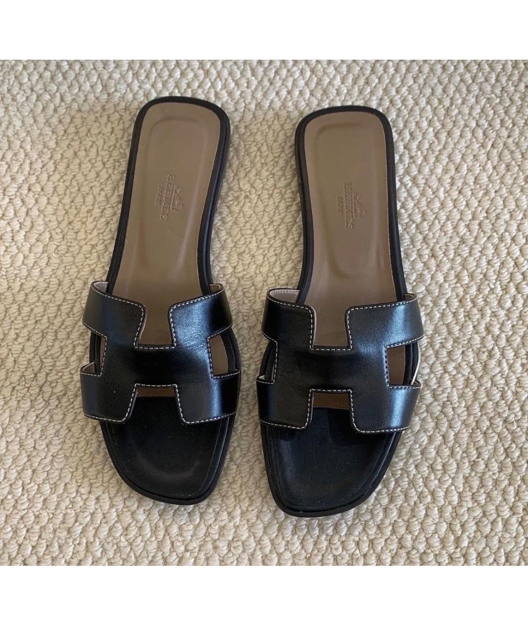 HERMES Черные кожаные шлепанцы, фото 3