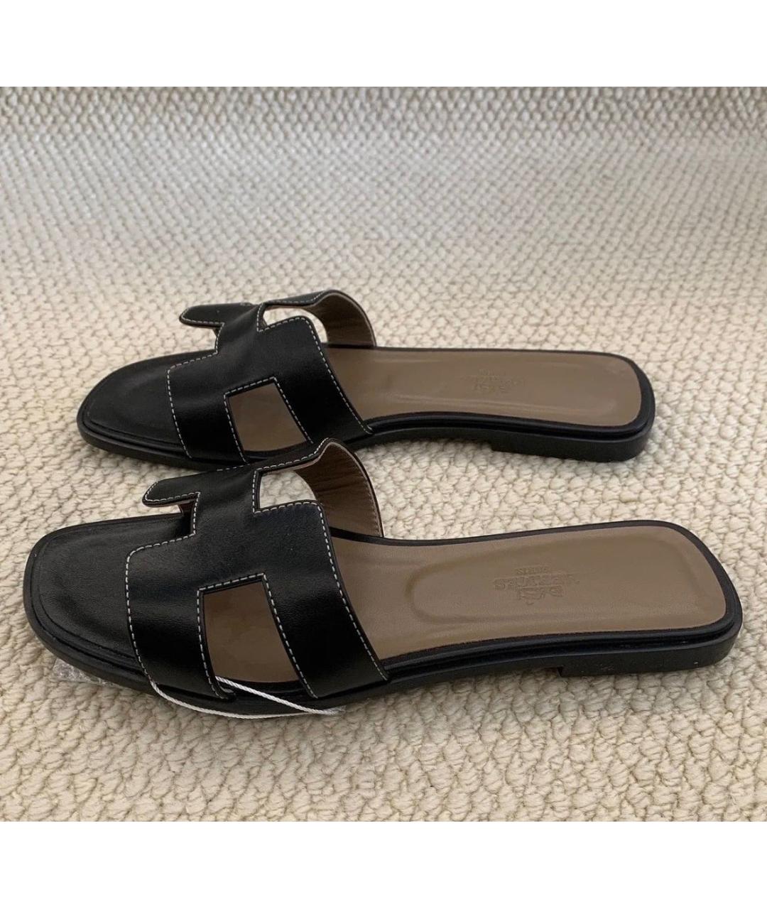 HERMES Черные кожаные шлепанцы, фото 2