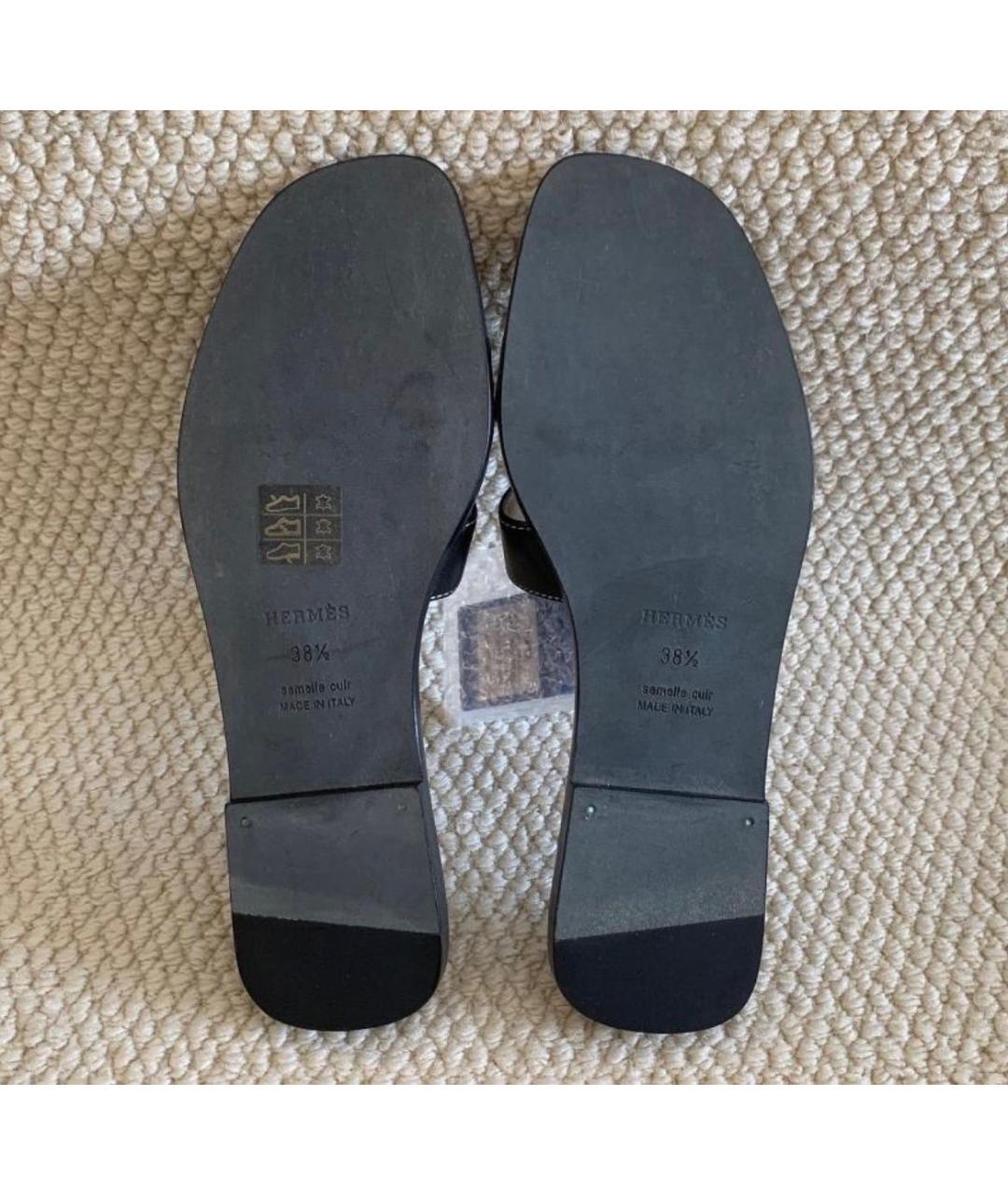 HERMES Черные кожаные шлепанцы, фото 5