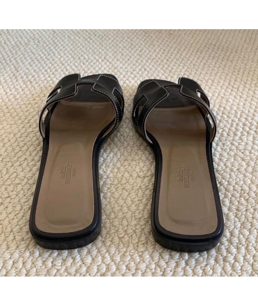 HERMES Черные кожаные шлепанцы, фото 4