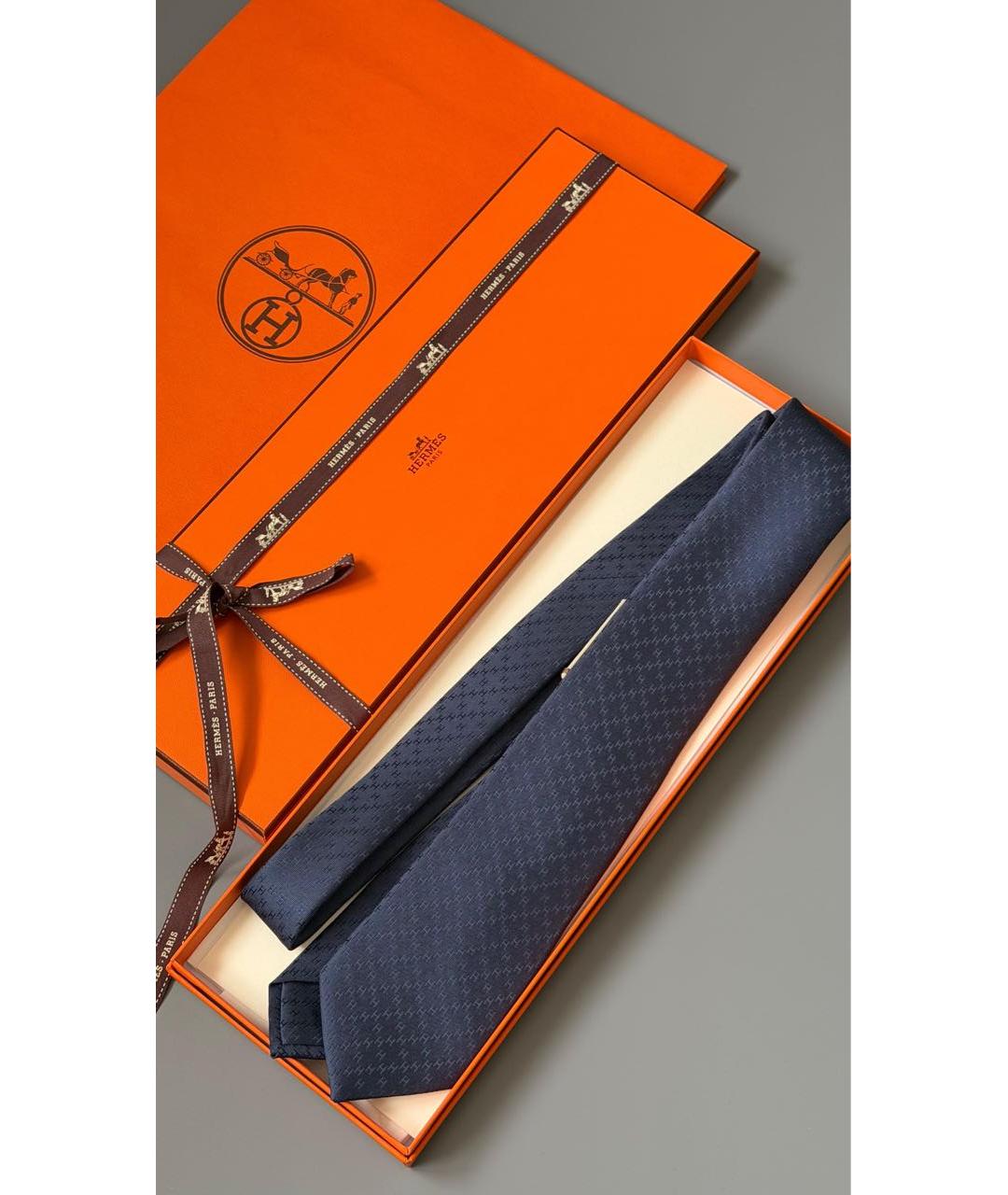 HERMES Темно-синий шелковый галстук, фото 2