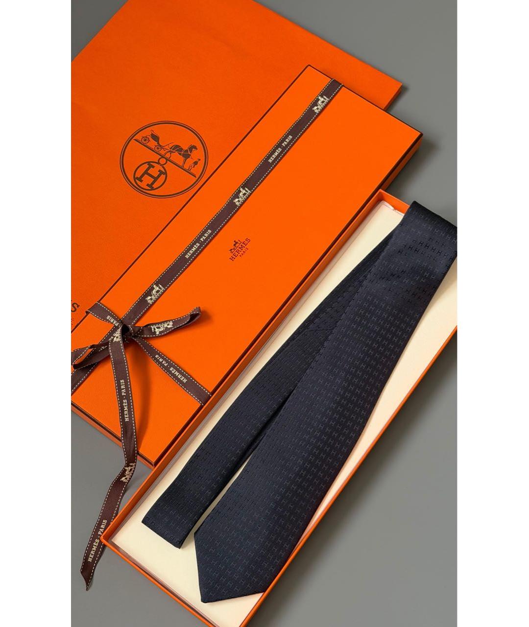 HERMES Темно-синий шелковый галстук, фото 2
