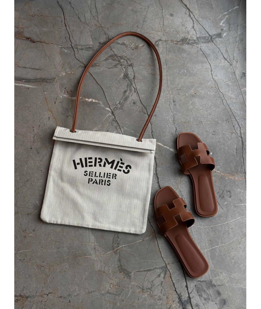 HERMES Коричневые кожаные шлепанцы, фото 7