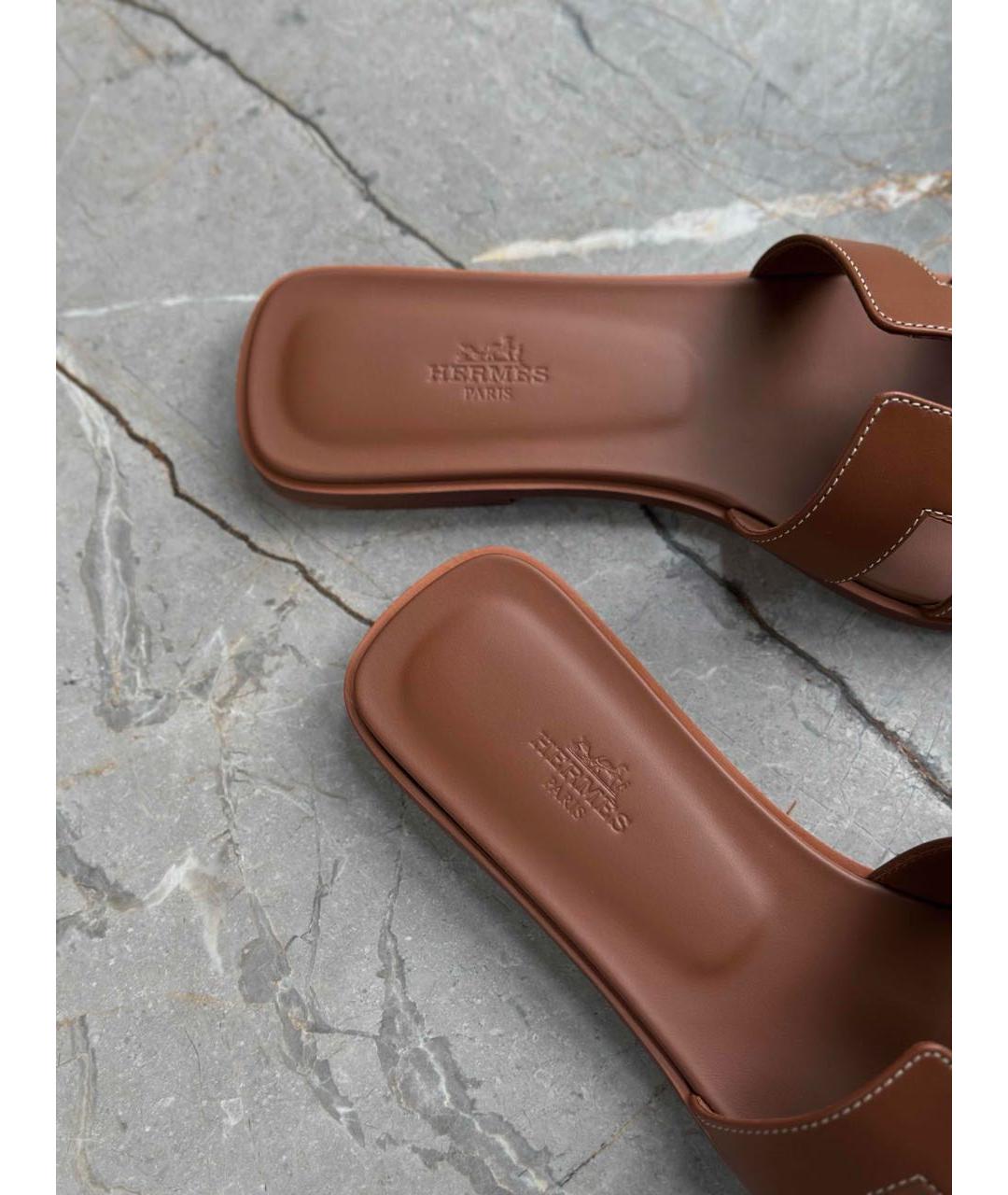 HERMES Коричневые кожаные шлепанцы, фото 6