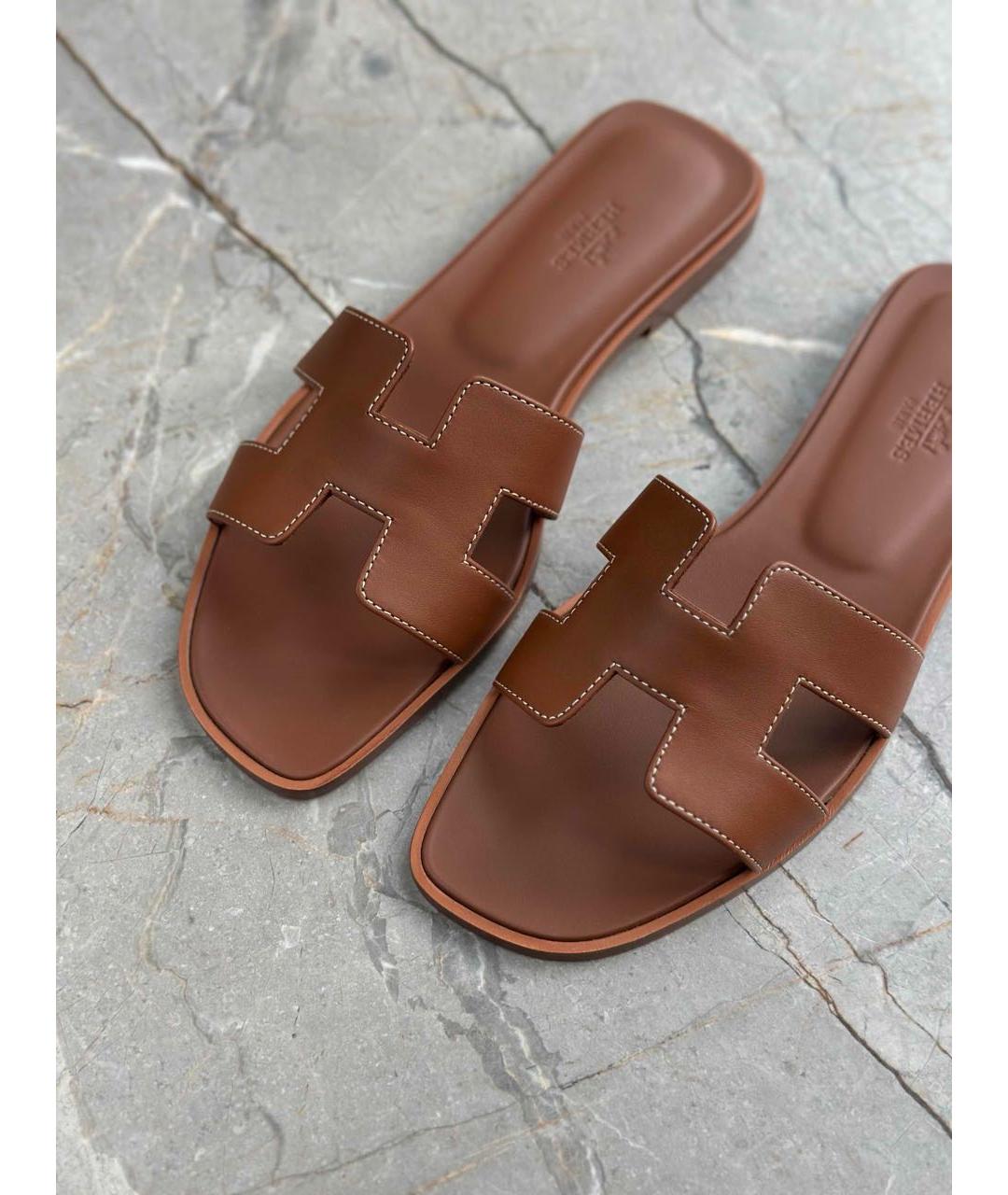 HERMES Коричневые кожаные шлепанцы, фото 3