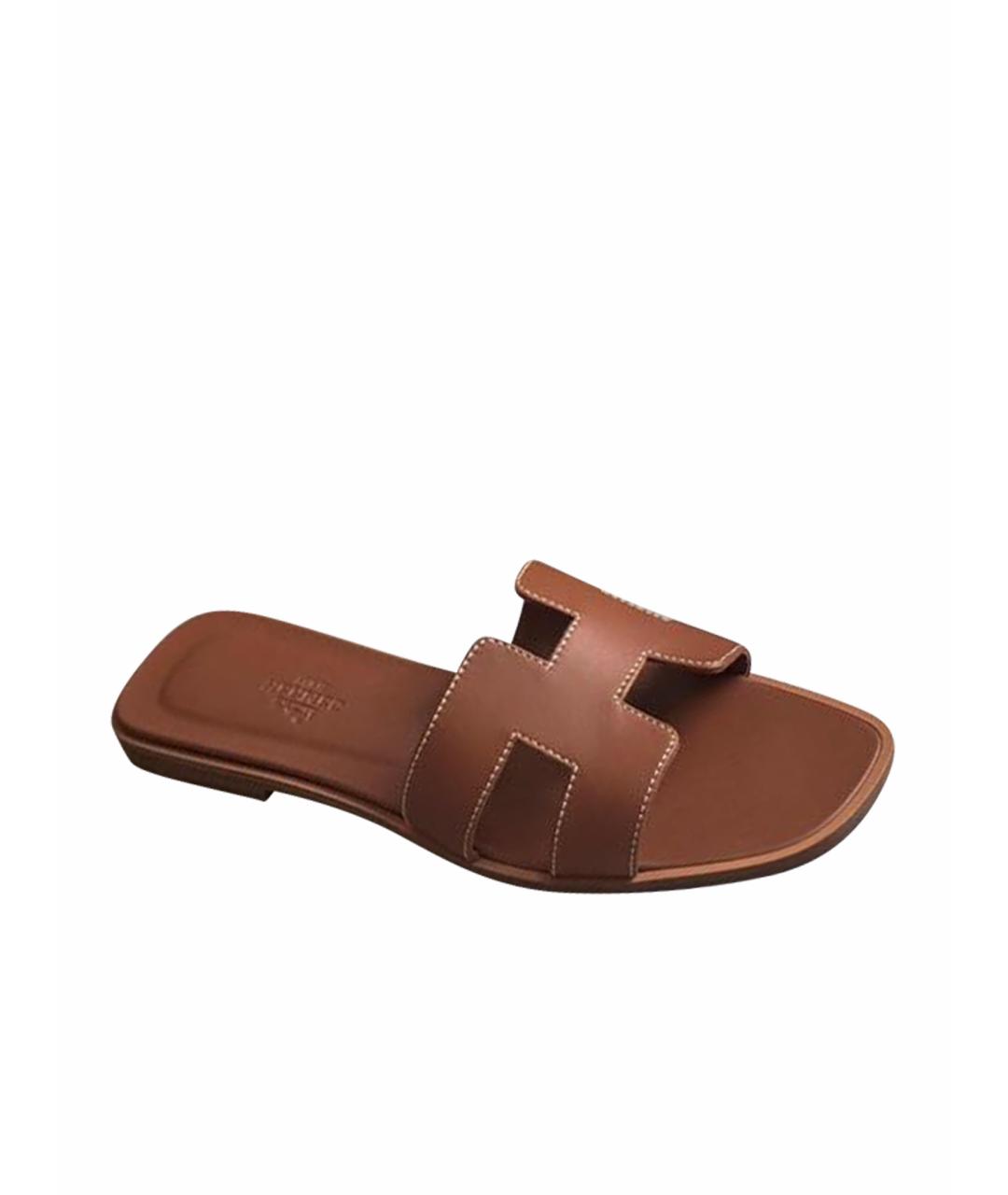 HERMES Коричневые кожаные шлепанцы, фото 1