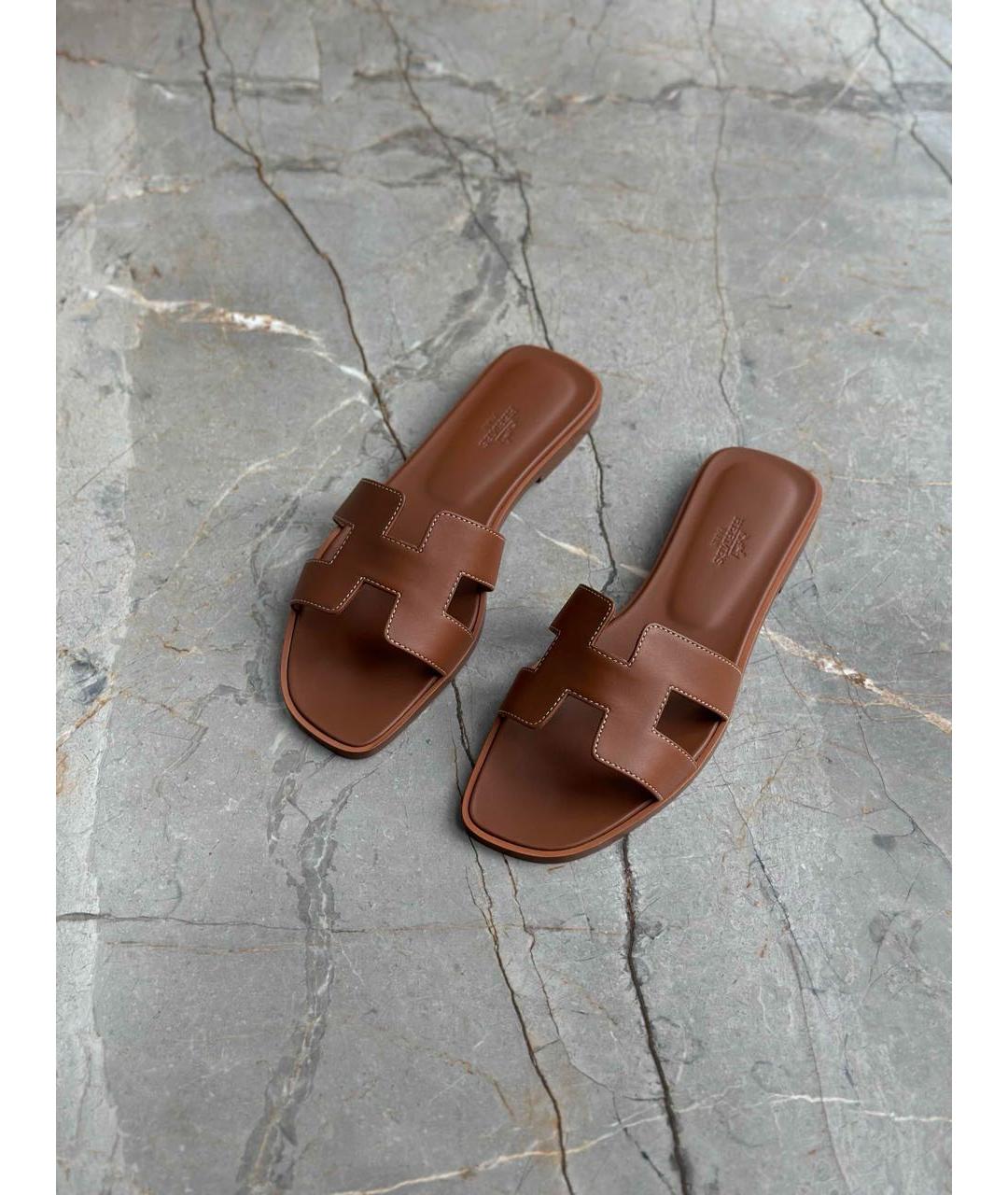 HERMES Коричневые кожаные шлепанцы, фото 2