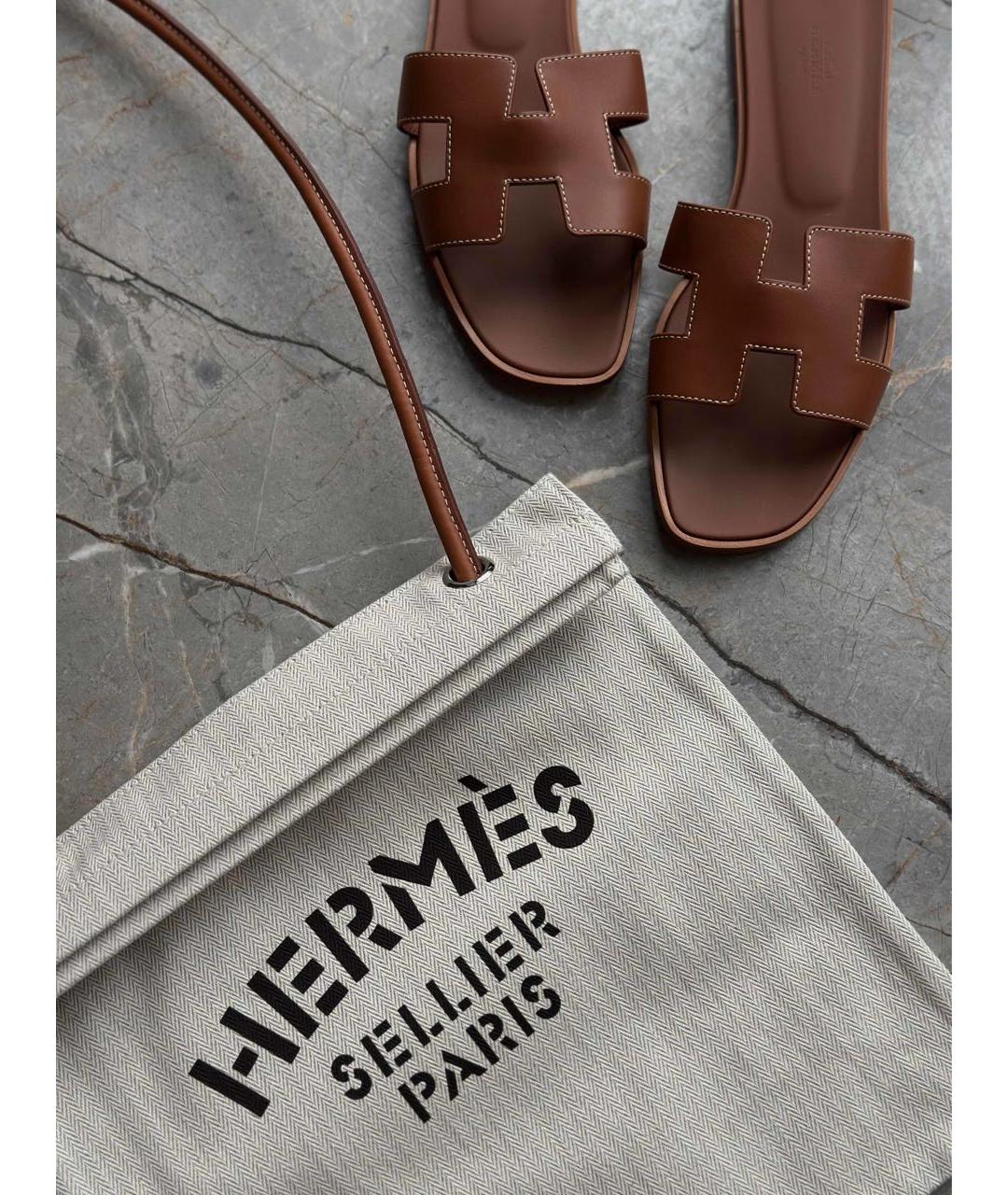 HERMES Коричневые кожаные шлепанцы, фото 5