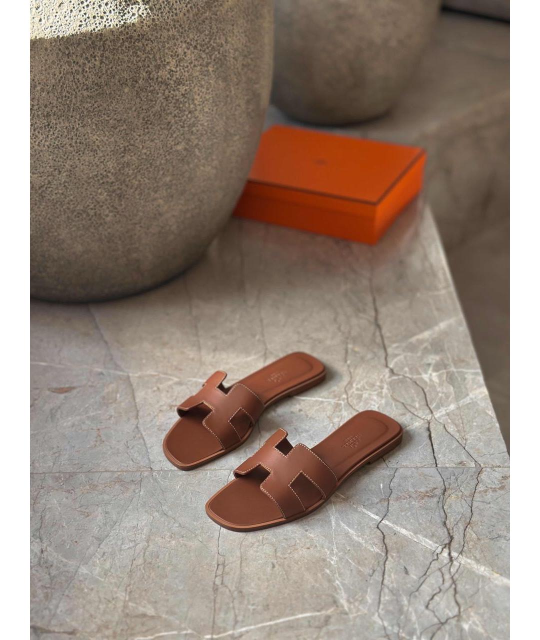 HERMES Коричневые кожаные шлепанцы, фото 9