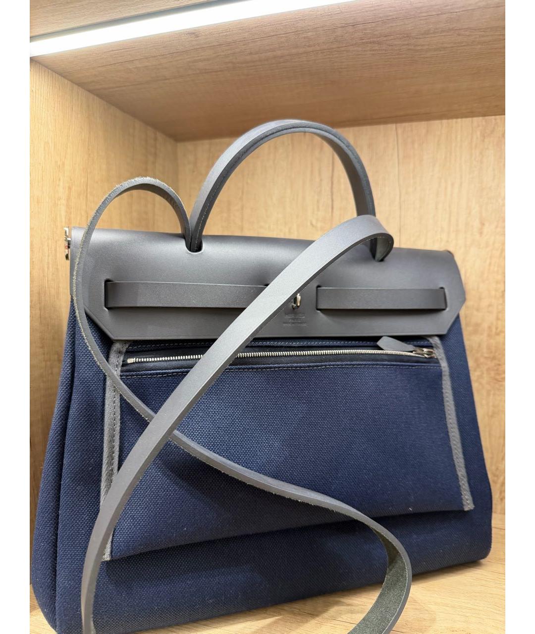 HERMES Темно-синяя кожаная сумка с короткими ручками, фото 3