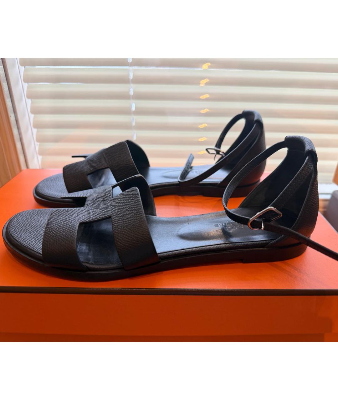 HERMES Черные кожаные сандалии, фото 8