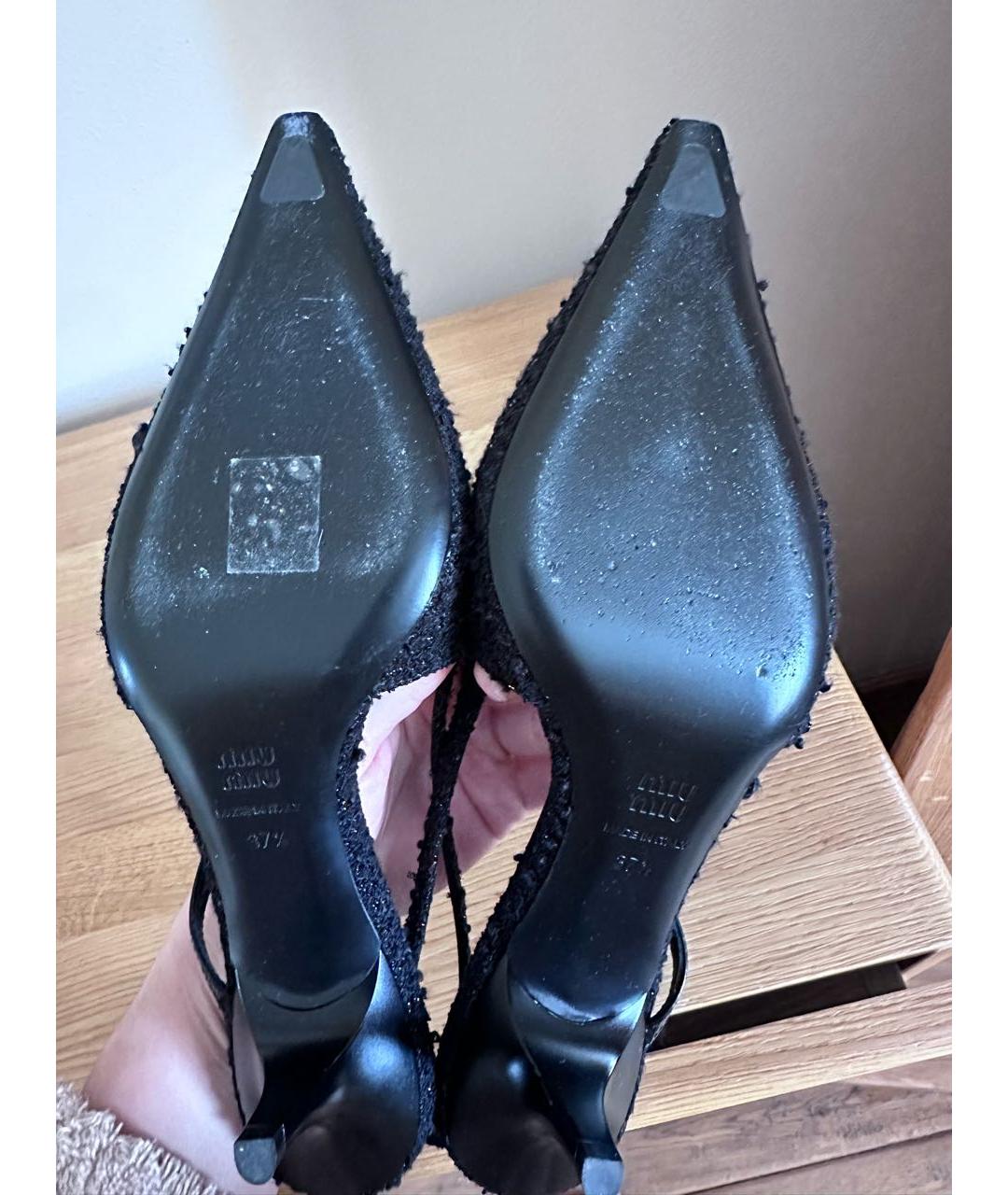 MIU MIU Черные текстильные лодочки на низком каблуке, фото 5