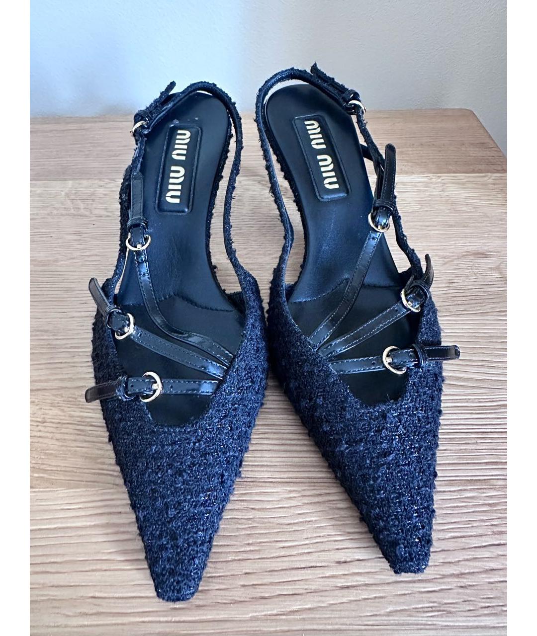 MIU MIU Черные текстильные лодочки на низком каблуке, фото 2