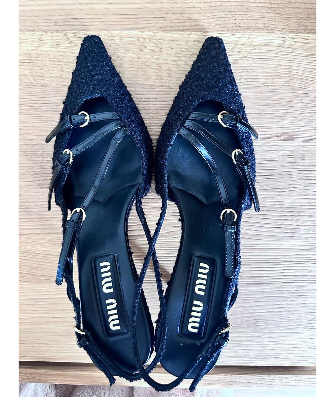 MIU MIU Черные текстильные лодочки на низком каблуке, фото 3