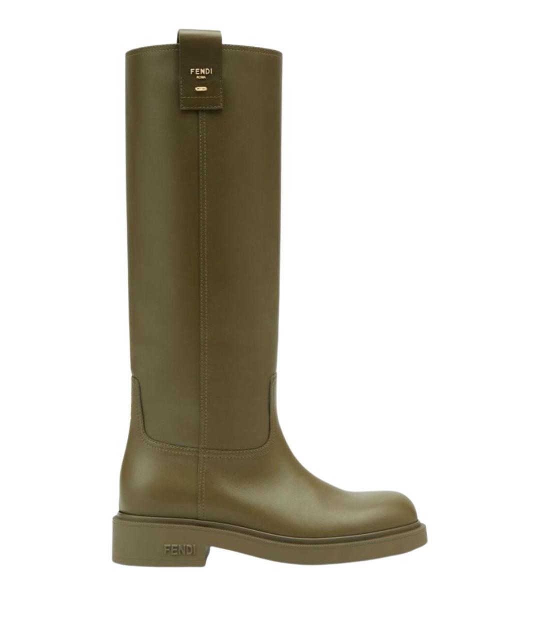 FENDI Хаки кожаные сапоги, фото 1
