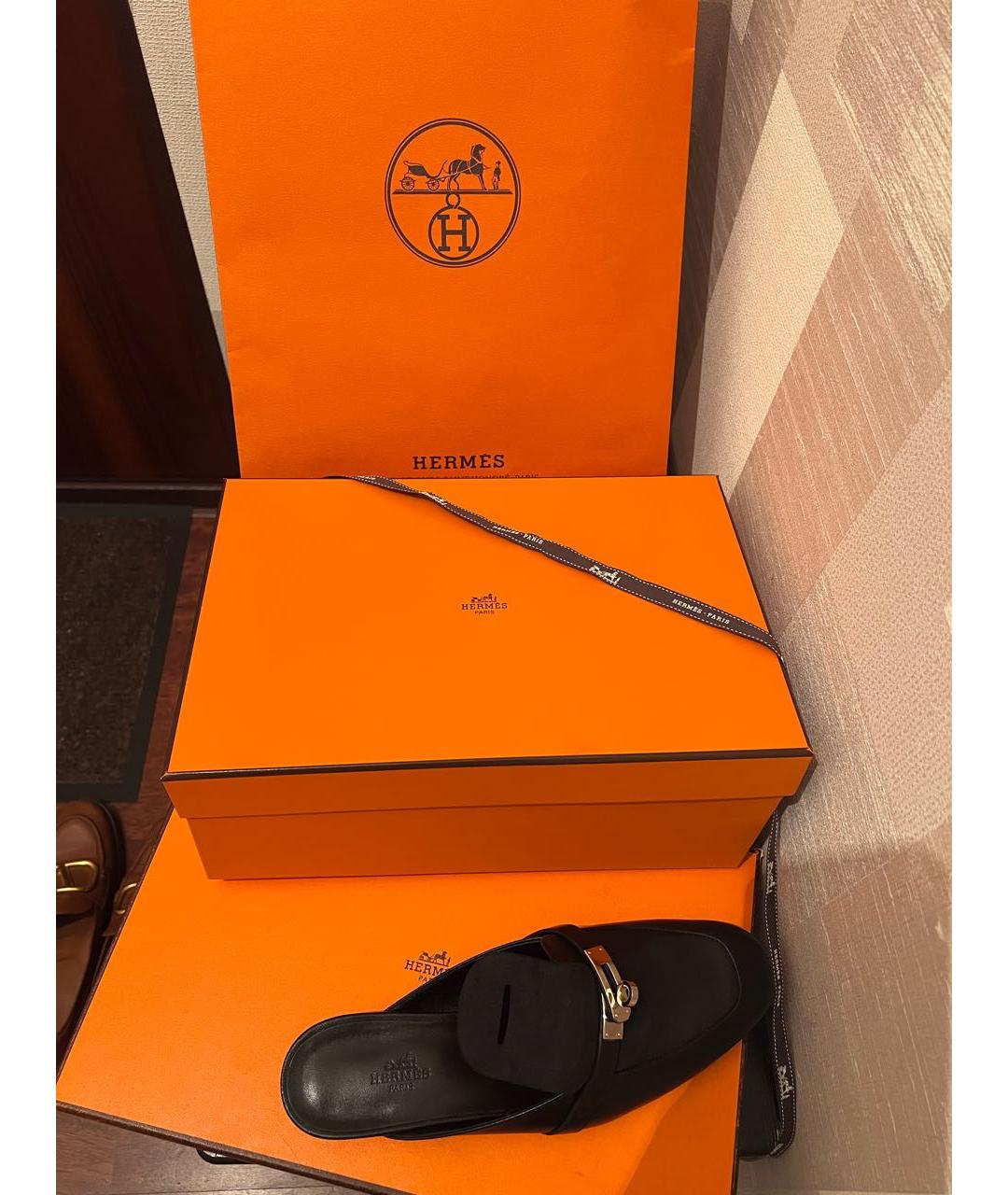 HERMES Черные кожаные мюли, фото 8