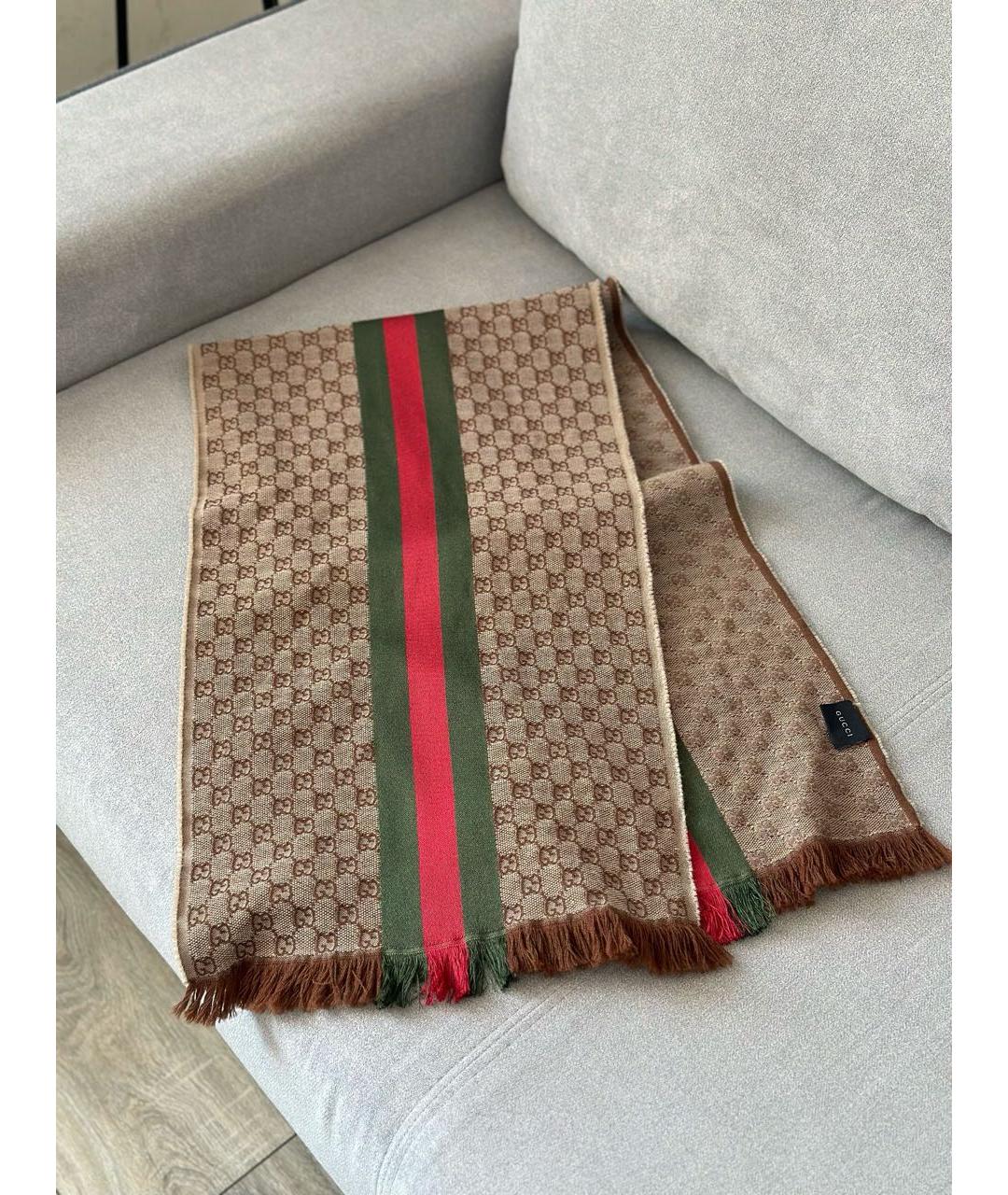 GUCCI Коричневый шерстяной шарф, фото 2