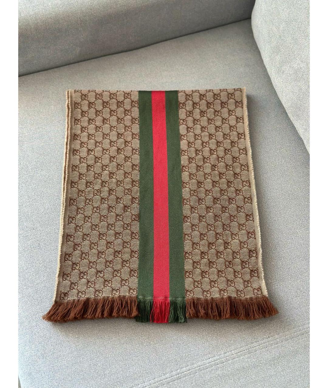 GUCCI Коричневый шерстяной шарф, фото 5