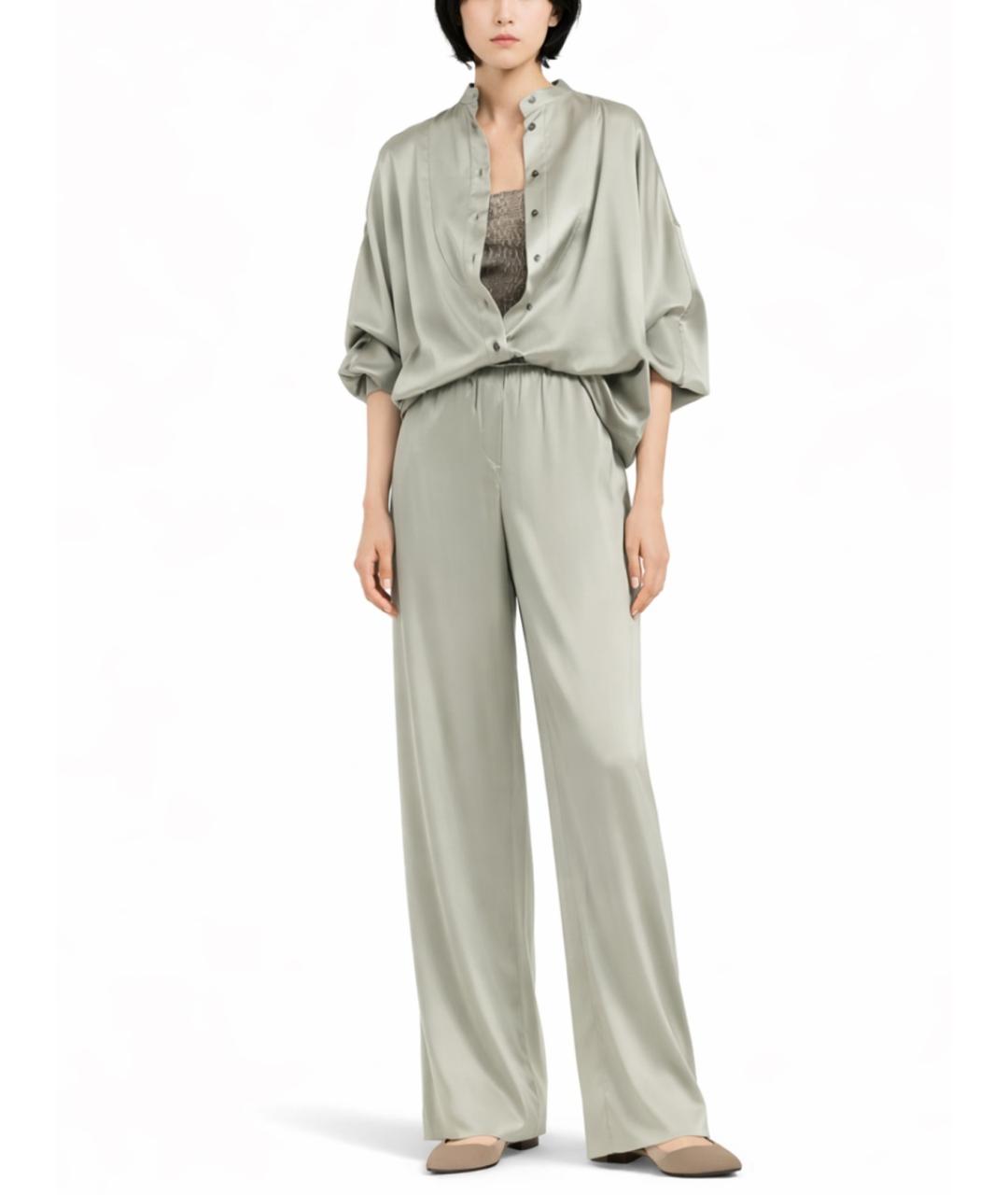 BRUNELLO CUCINELLI Зеленые шелковые прямые брюки, фото 2